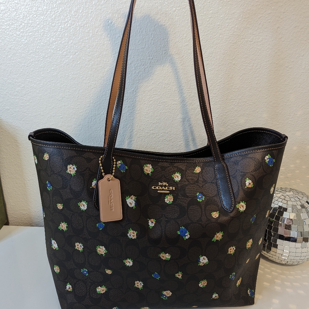 Coach Brown Floral Logo Tote with Blue and Cream Accents - Picture 2 of 16